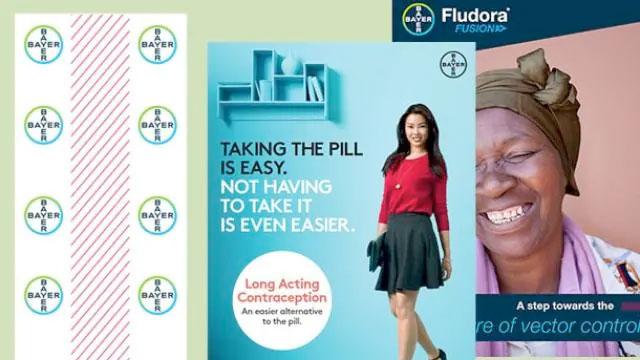 Advertisement with Bayer logos. Features contraceptive and vector control themes. A woman stands smiling next to text about contraception. Another image shows a smiling person with a headscarf.
