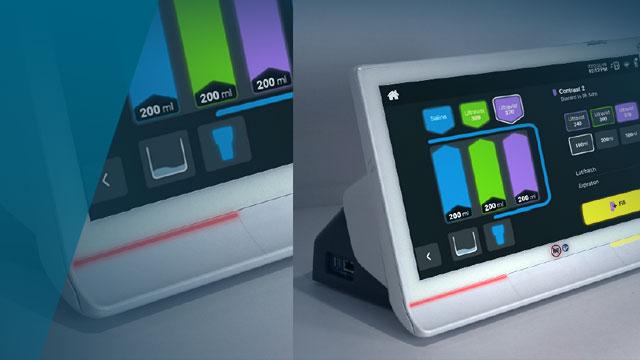 A digital medical device display shows fluid levels in milliliters with colored bars and buttons for various settings.