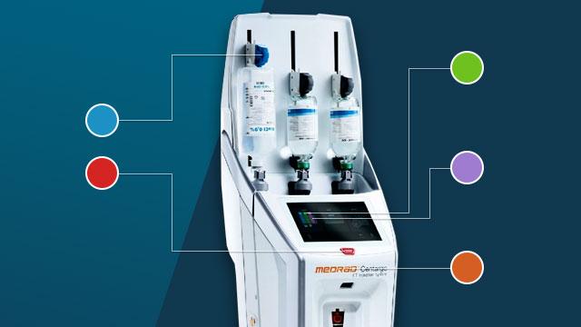 Medical device with attached IV bags and tubes, featuring a digital screen and five colored data points indicating different components or features.