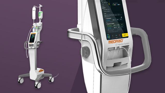 Medical injection system with a digital display screen, wheels, and IV bags on a stand against a purple background.