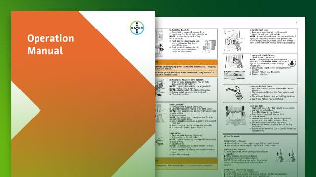 Cover and inside pages of an operation manual with text and diagrams, featuring an orange and green design.