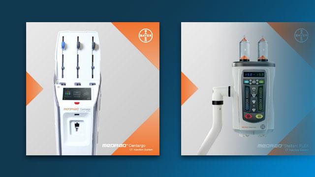 Medical equipment displaying control panels and syringe holders, with branding visible: Medrad Centargo on the left and Medrad Stellant Flex on the right.