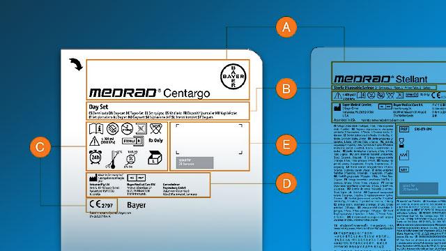 Diagram displaying medical device packaging with labels for Medrad Centargo and Stellant, featuring sections labeled A to E, detailing instructions and specifications.