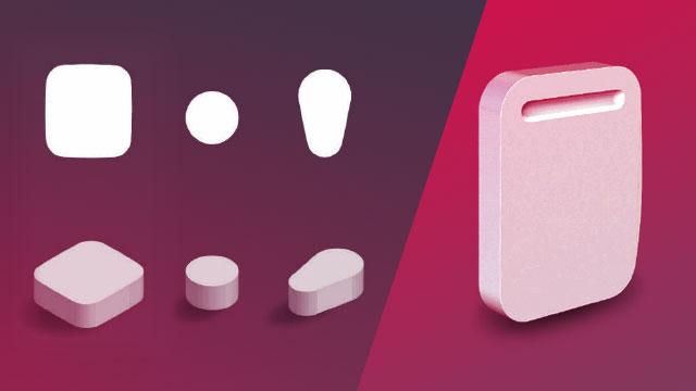 Various 3D shapes displayed on a red gradient background.