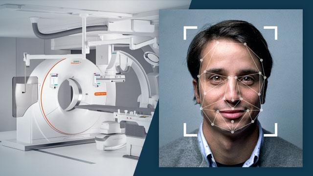 An MRI machine on the left and a man with facial recognition markers on the right.