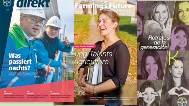 A collage of three magazine covers featuring various people in professional and casual settings, with text in German and Spanish titles discussing night shifts and generational portraits.