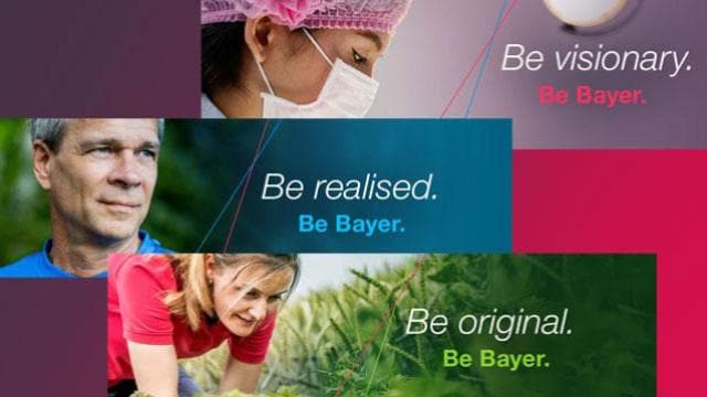 Collage of three people with texts: "Be visionary. Be Bayer.", "Be realised. Be Bayer.", "Be original. Be Bayer.".
