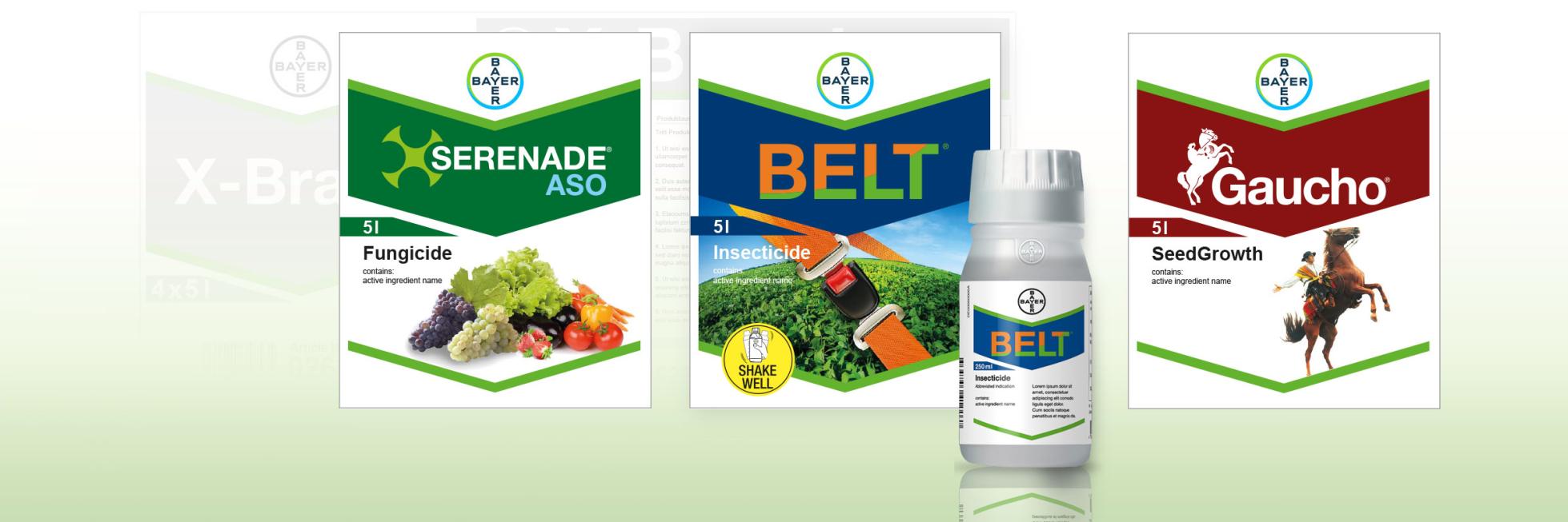 Product packaging display for Bayer agricultural products: Serenade ASO fungicide, Belt insecticide, and Gaucho seed treatment.