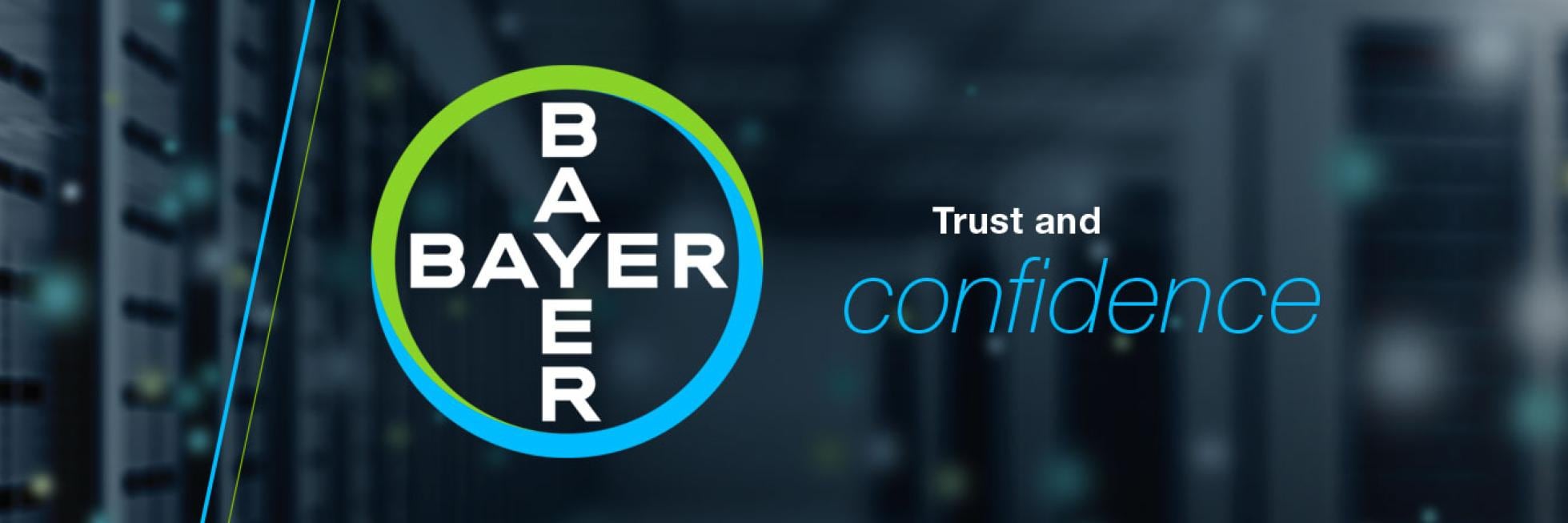 Bayer logo on a blurred background with the text "Trust and confidence" in white and blue.