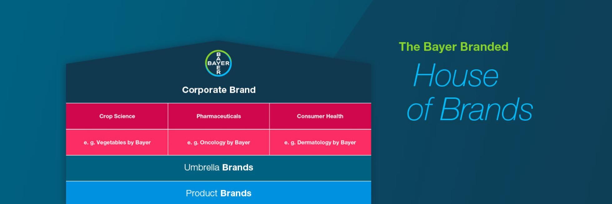 Chart illustrating Bayer's corporate brand structure, including divisions in crop science, pharmaceuticals, and consumer health.