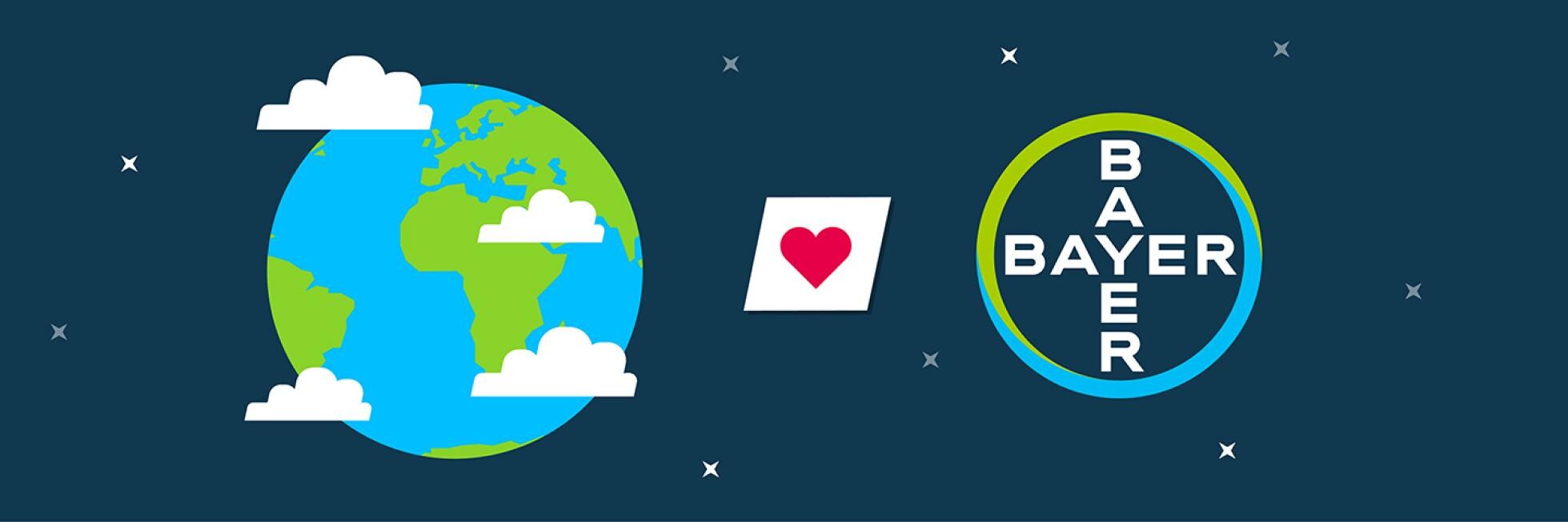 Drawing - space, the earth on the left, the Bavarian cross on the right and a flag with a heart in the middle