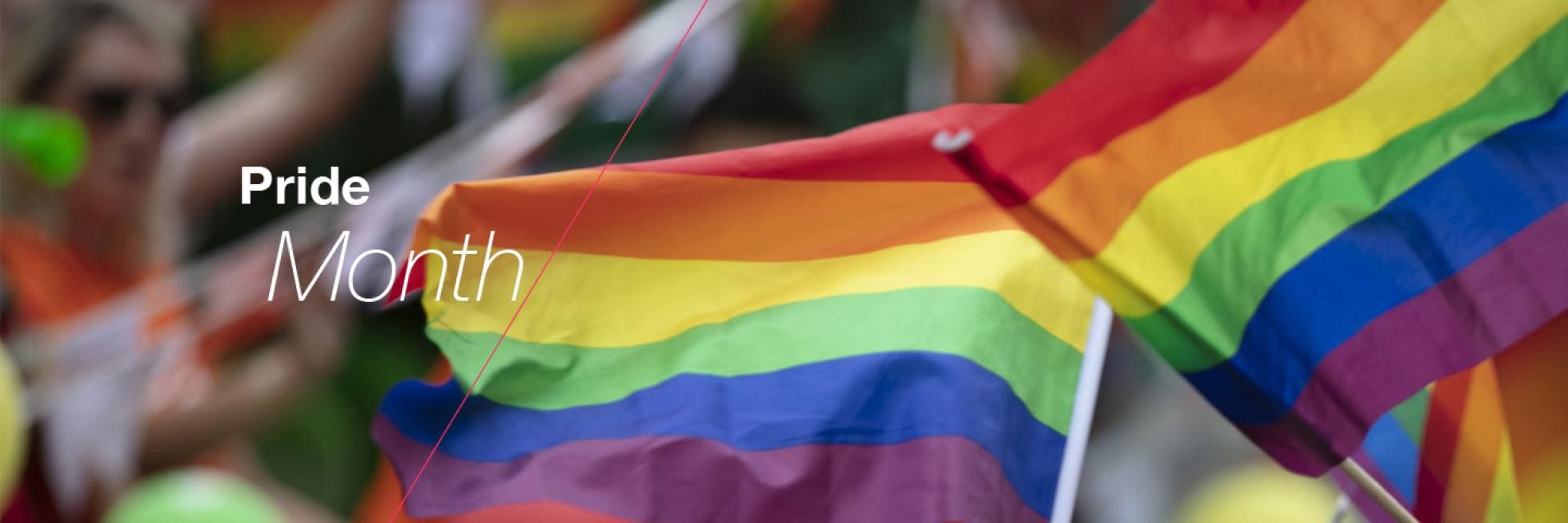 Two rainbow flags are waved and the text "Pride Month"