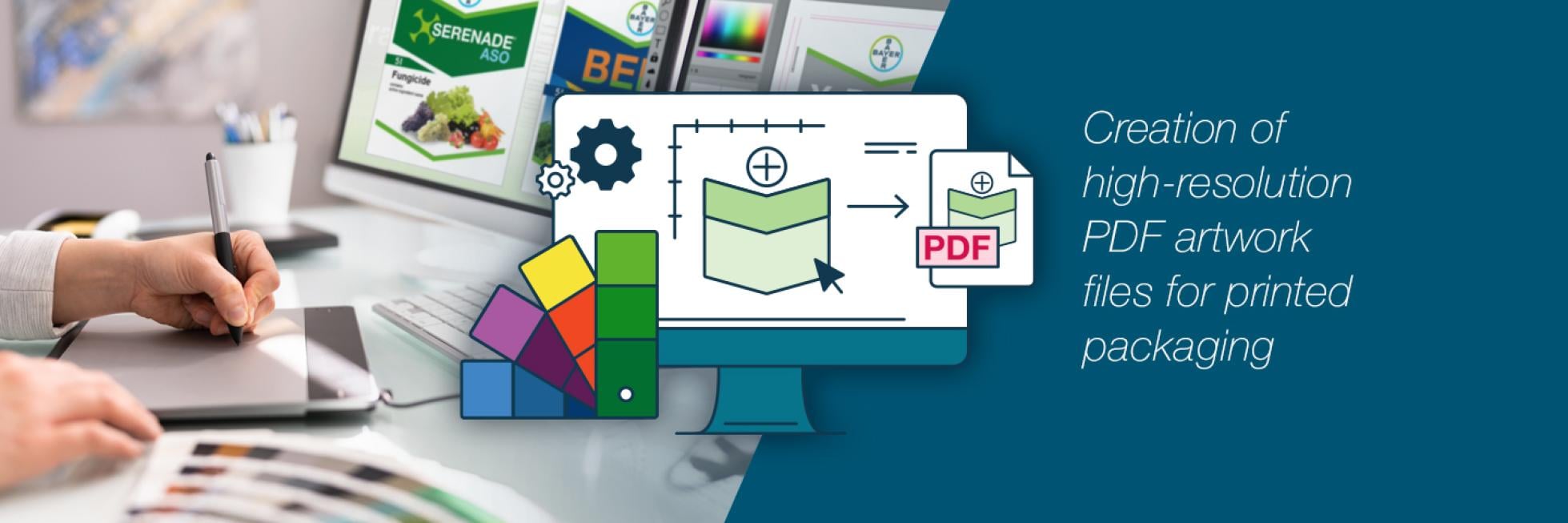 Collage of an agency workplace, a computer, color charts and the text "Creation of high-resolution PDF graphic files for printed packaging