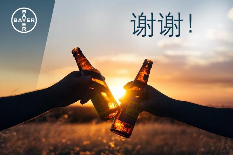 Two hands clinking beer bottles against a sunset background, with "谢谢" and a Bayer logo visible.