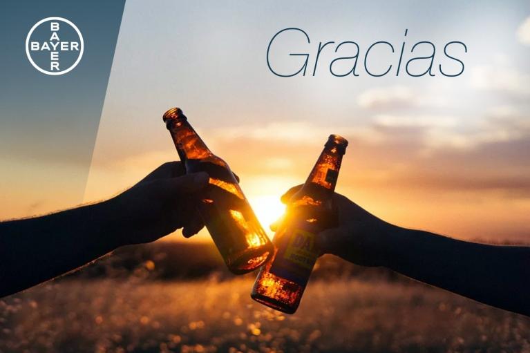 Two hands clinking beer bottles at sunset with "Gracias" and the Bayer logo on the left side.