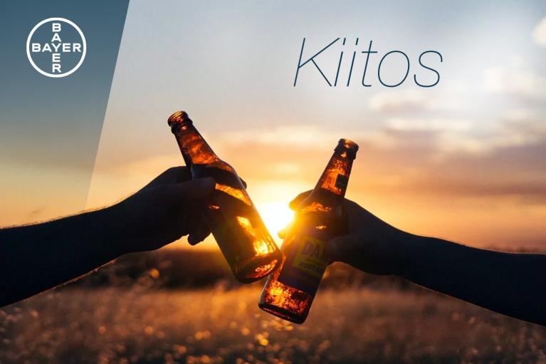 Two hands clinking beer bottles against a sunset backdrop. The Bayer logo is in the top left corner, and the word "Kiitos" is in the top right.
