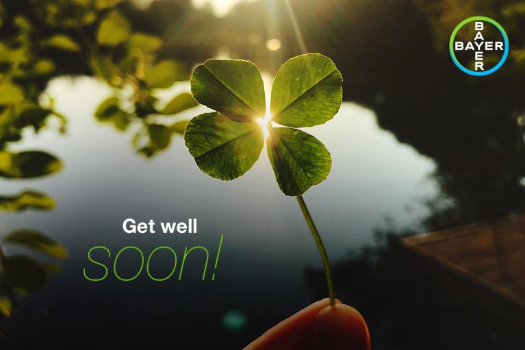 A hand holds a four-leaf clover against a backdrop of a lake with sunlight. The text reads, "Get well soon!" The Bayer logo is in the top right corner.