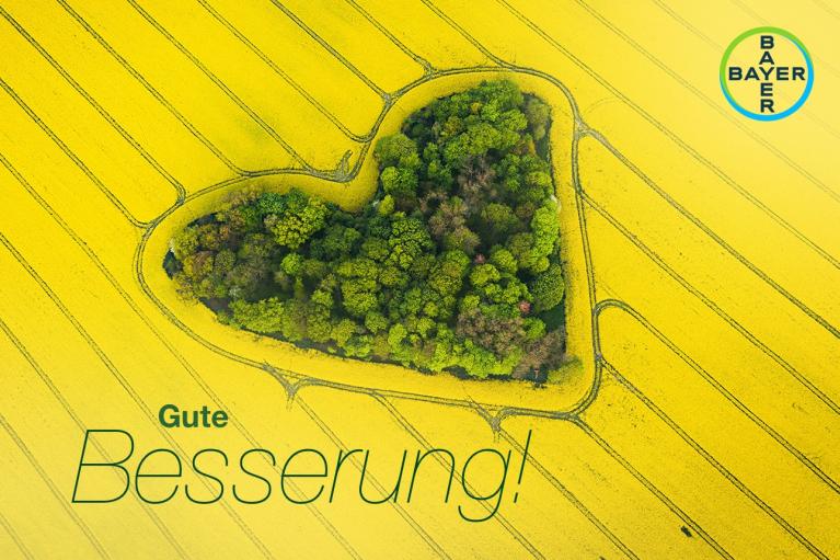 Aerial view of a heart-shaped patch of trees in a yellow field with "Gute Besserung!" and Bayer logo in the corner.