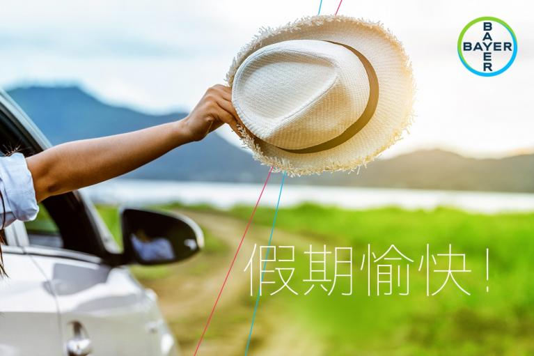 A person extends a hand holding a straw hat out of a car window. The background features a grassy landscape and mountains. Chinese text reads "假期愉快!" with a Bayer logo in the top right corner.