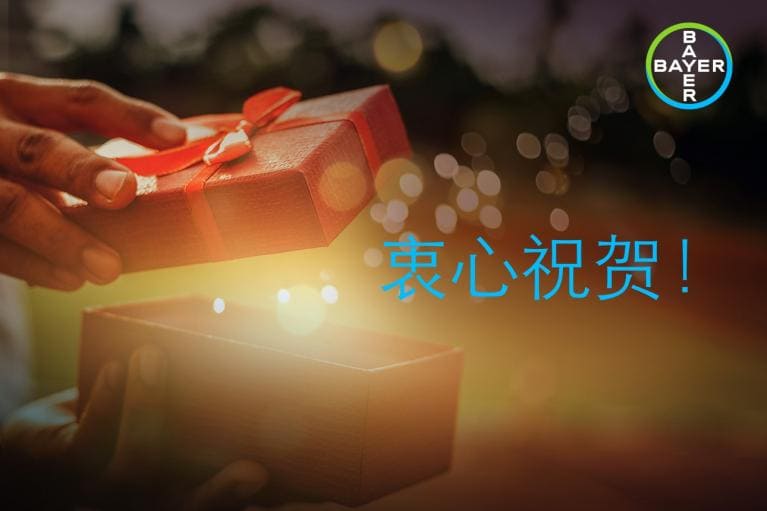 Hands opening a gift box with sparkling lights inside; Bayer logo in the corner. Chinese text reads "衷心祝贺!" meaning "Heartfelt Congratulations!.