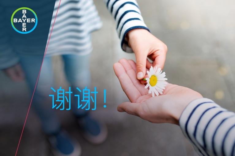 Two people wearing striped shirts exchange a daisy, with "谢谢!" (Thank you) written in blue Chinese characters and the Bayer logo in the corner.