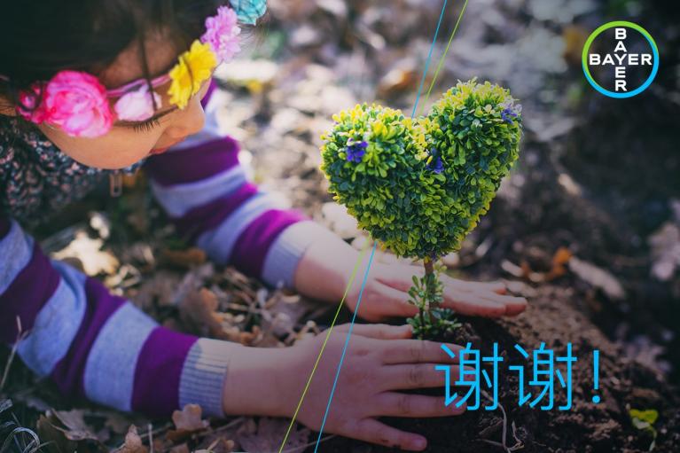 Child planting heart-shaped shrub with flowers, wearing a striped sweater and flower headband. Blue Chinese text "谢谢!" and Bayer logo in the corner.