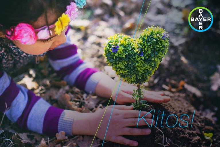 Child wearing a flower crown plants a heart-shaped shrub in soil. Text reads "Kiitos!" and Bayer logo is visible.
