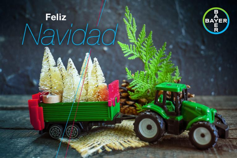 A toy tractor pulls a trailer with miniature Christmas trees. "Feliz Navidad" text is in the background with a Bayer logo. A pinecone and fern are nearby.