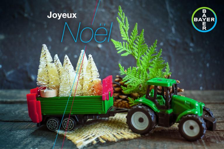 A green toy tractor with a trailer carries small Christmas trees, set against a dark background with pine cones. Text reads "Joyeux Noël" and features the Bayer logo.