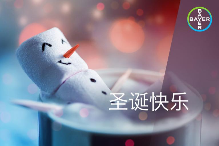 A marshmallow snowman with a carrot nose floats in a beverage. Chinese text reads "Merry Christmas." The Bayer logo is in the top right corner.