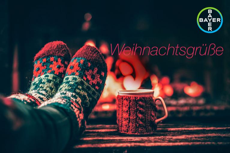 Person wearing festive socks by a fireplace, with a knit-covered mug beside them. Text reads "Weihnachtsgrüße" and a Bayer logo is in the corner.