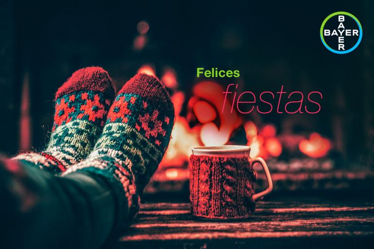 Cozy scene with feet in warm knit socks by a fireplace, a mug beside, and "Felices fiestas" text; Bayer logo in corner.