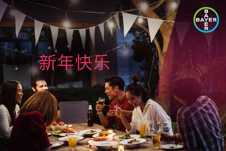 A group of people enjoys a meal outdoors with festive bunting. "新年快乐" (Happy New Year) is written in red characters. The Bayer logo is in the corner.