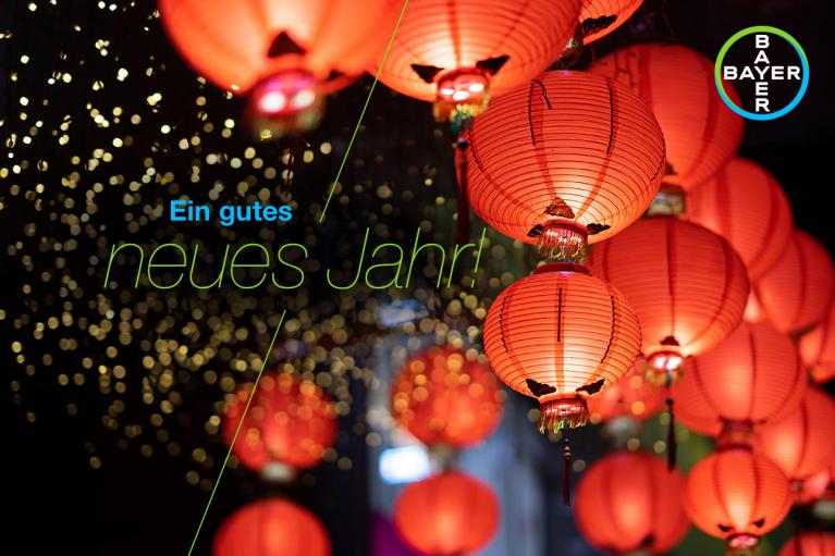 Red lanterns with gold lights in the background. Text reads: "Ein gutes neues Jahr!" and a round logo in the corner.