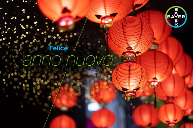 Red lanterns with warm lights and a "Felice anno nuovo" message, featuring the Bayer logo in the top right corner.