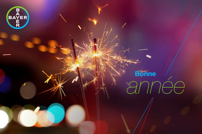 Two sparklers lit against a blurred background with colorful bokeh. "Bonne année" text is displayed, along with the Bayer logo in the top left corner.