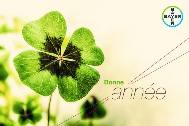 Four-leaf clover with text "Bonne année" and Bayer logo in the upper right corner.