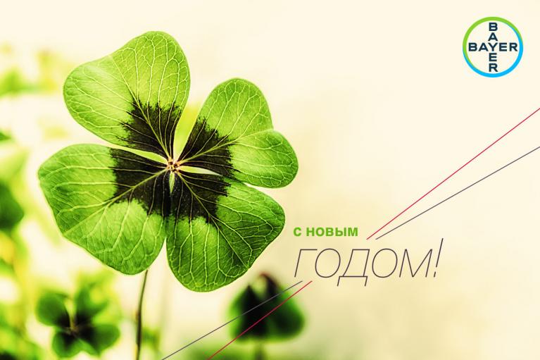 A close-up of a four-leaf clover with a dark center, featuring Russian text "С Новым Годом!" and a Bayer logo in the top right corner.