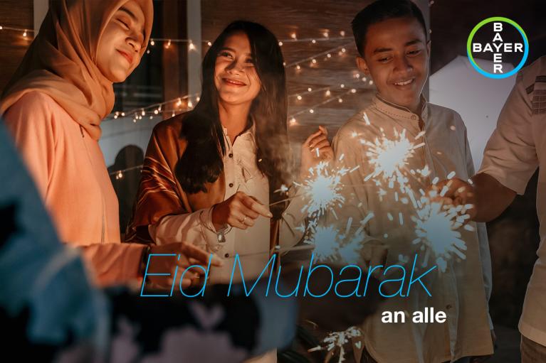 A group of people celebrating with sparklers. The text reads "Eid Mubarak an alle." A Bayer logo is in the top right corner.