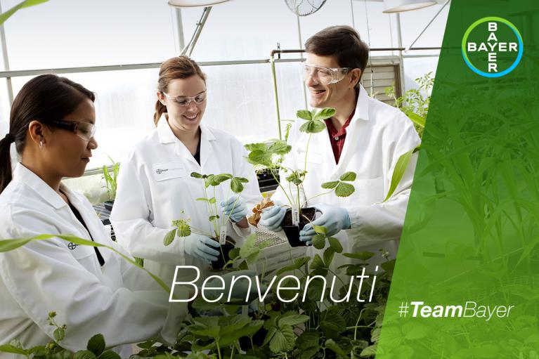 Three scientists in lab coats and goggles examine plants in a greenhouse. Background features green plant cultivation. Text overlays read “Benvenuti” and “#TeamBayer.” Bayer logo in the top right corner.