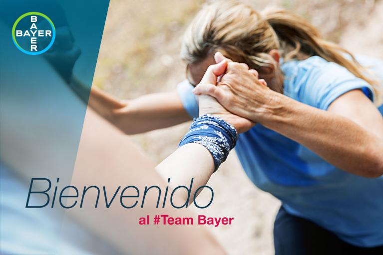 Person helping another person up, with the Bayer logo and text saying "Bienvenido al #Team Bayer".