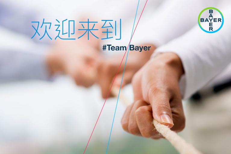 Close-up of diverse hands pulling a rope together. Chinese text and "#TeamBayer" appear, with a Bayer logo in the top right corner.