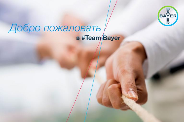 Close-up of three hands gripping a rope in a tug-of-war. The image includes text in Russian welcoming to #TeamBayer, along with the Bayer logo.