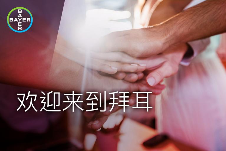 Five people stacking hands with a Bayer logo above. Text reads "欢迎来到拜耳" meaning "Welcome to Bayer.