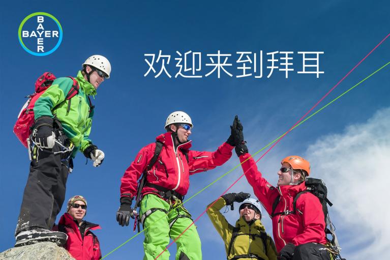 A group of climbers in colorful gear high-five on a snowy peak under a clear sky, with a Bayer logo and Chinese text.