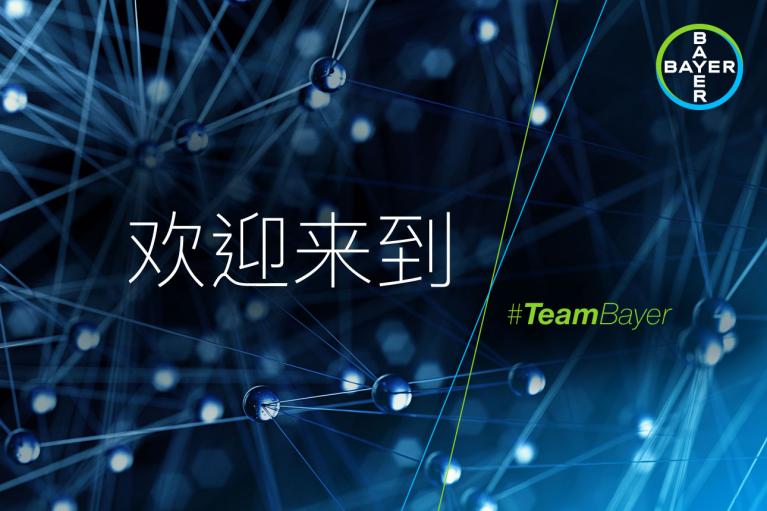 Blue network pattern background with Bayer logo in the corner and the text "欢迎来到 #TeamBayer" displayed in the foreground.