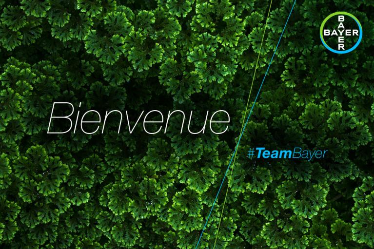Green foliage background with the word "Bienvenue" in the center and "#TeamBayer" on the side, featuring the Bayer logo in the top right corner.