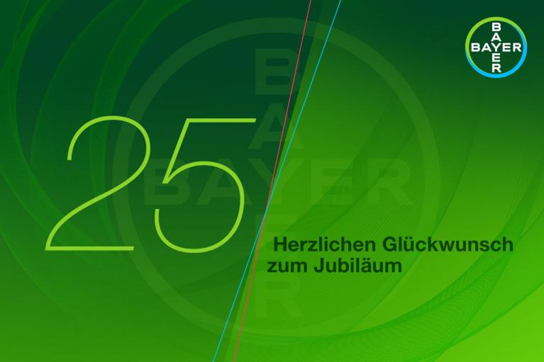 Green graphic with a large "25" and the Bayer logo. Text reads "Herzlichen Glückwunsch zum Jubiläum.