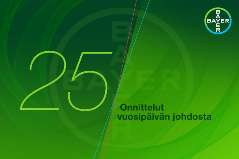 Green background with a large number 25, Bayer logo, and Finnish text "Onnittelut vuosipäivän johdosta" meaning "Congratulations on the anniversary.
