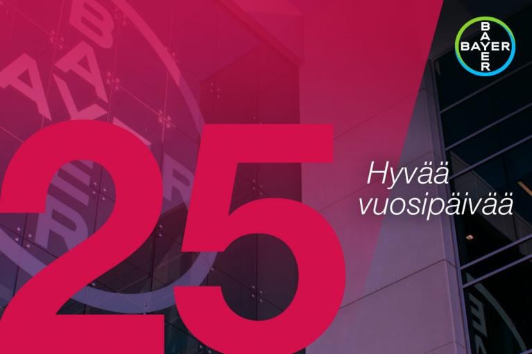 Logo with "25" and "Hyvää vuosipäivää" text, red overlay, and Bayer logo in the corner.
